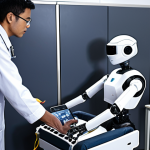 **

A diverse group of people (including a coder, a healthcare worker, an elderly person, and a factory worker) interacting with various types of robots (a delivery bot, a surgical robot, an industrial arm, a social robot). The image should evoke a sense of progress and potential benefit, but also hint at underlying ethical concerns through subtle visual cues – perhaps a questioning expression on someone's face, or a shadow looming over a worker near a robotic arm. The overall style should be slightly futuristic but grounded in a relatable, everyday setting.

**