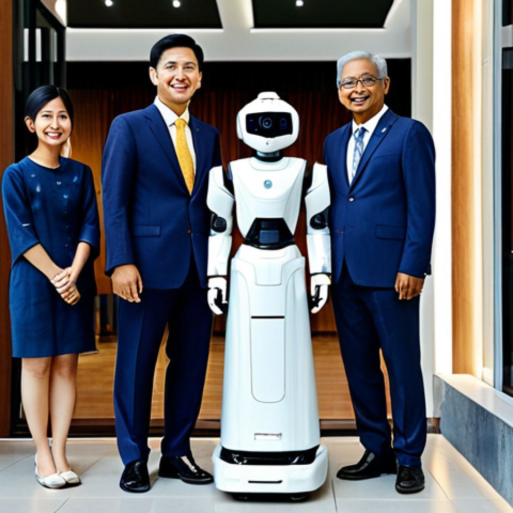 A diverse group of professional Malaysian adults, including Malay, Chinese, and Indian individuals, are engaging positively and naturally with a sleek, modern service robot in a well-lit community hub. The robot, designed with a friendly, approachable aesthetic, is responding to their inquiries with gestures that subtly reflect local social etiquette. All individuals are fully clothed in modest, contemporary professional and traditional Malaysian attire, reflecting appropriate content. The background features clean lines of modern architecture with subtle cultural motifs, emphasizing a welcoming, family-friendly atmosphere. Perfect anatomy, correct proportions, well-formed hands, natural body proportions, natural pose, professional photography, high quality, safe for work.