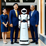 A diverse group of professional Malaysian adults, including Malay, Chinese, and Indian individuals, are engaging positively and naturally with a sleek, modern service robot in a well-lit community hub. The robot, designed with a friendly, approachable aesthetic, is responding to their inquiries with gestures that subtly reflect local social etiquette. All individuals are fully clothed in modest, contemporary professional and traditional Malaysian attire, reflecting appropriate content. The background features clean lines of modern architecture with subtle cultural motifs, emphasizing a welcoming, family-friendly atmosphere. Perfect anatomy, correct proportions, well-formed hands, natural body proportions, natural pose, professional photography, high quality, safe for work.