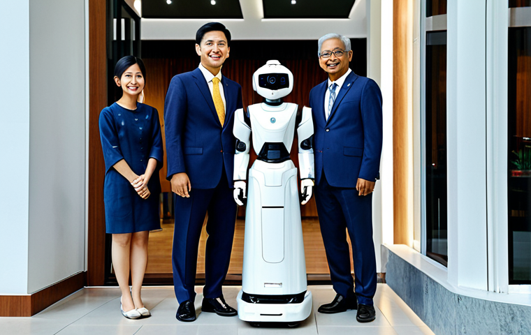 A diverse group of professional Malaysian adults, including Malay, Chinese, and Indian individuals, are engaging positively and naturally with a sleek, modern service robot in a well-lit community hub. The robot, designed with a friendly, approachable aesthetic, is responding to their inquiries with gestures that subtly reflect local social etiquette. All individuals are fully clothed in modest, contemporary professional and traditional Malaysian attire, reflecting appropriate content. The background features clean lines of modern architecture with subtle cultural motifs, emphasizing a welcoming, family-friendly atmosphere. Perfect anatomy, correct proportions, well-formed hands, natural body proportions, natural pose, professional photography, high quality, safe for work.