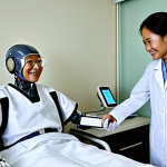 Robot in Malaysian Healthcare**

A modern hospital room in Malaysia, showcasing a sleek, friendly-looking robot assisting a fully clothed elderly patient. The robot is handing a glass of water with gentle precision. In the background, a doctor (fully clothed) is observing with a reassuring smile. Soft, diffused lighting. Focus on the potential of technology to enhance patient care. Safe for work. Appropriate content. Professional. Fully clothed. Perfect anatomy. Natural pose. High quality.

**