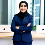 **

A professional businesswoman in a modest hijab and business suit, smiling confidently in a modern Kuala Lumpur office. Fully clothed, appropriate attire, safe for work, perfect anatomy, natural proportions, professional photograph, high quality, family-friendly.

**