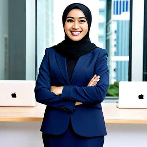 **

A professional businesswoman in a modest hijab and business suit, smiling confidently in a modern Kuala Lumpur office. Fully clothed, appropriate attire, safe for work, perfect anatomy, natural proportions, professional photograph, high quality, family-friendly.

**
