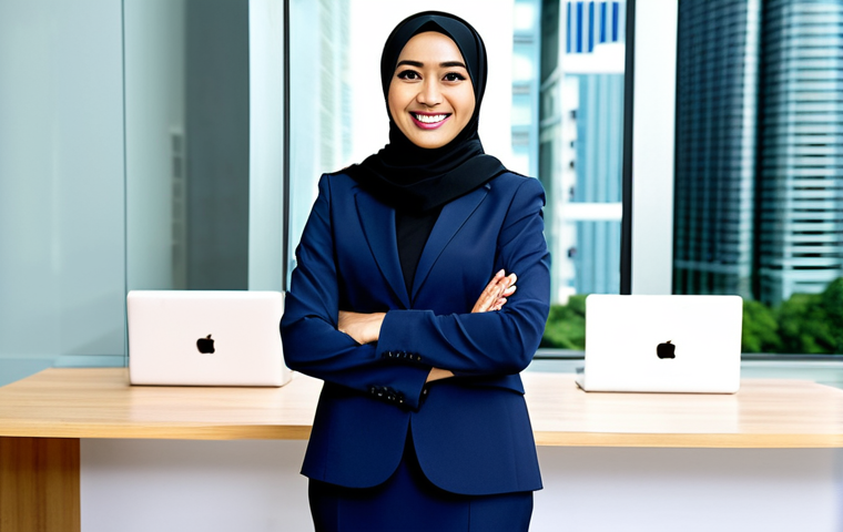 **

A professional businesswoman in a modest hijab and business suit, smiling confidently in a modern Kuala Lumpur office. Fully clothed, appropriate attire, safe for work, perfect anatomy, natural proportions, professional photograph, high quality, family-friendly.

**